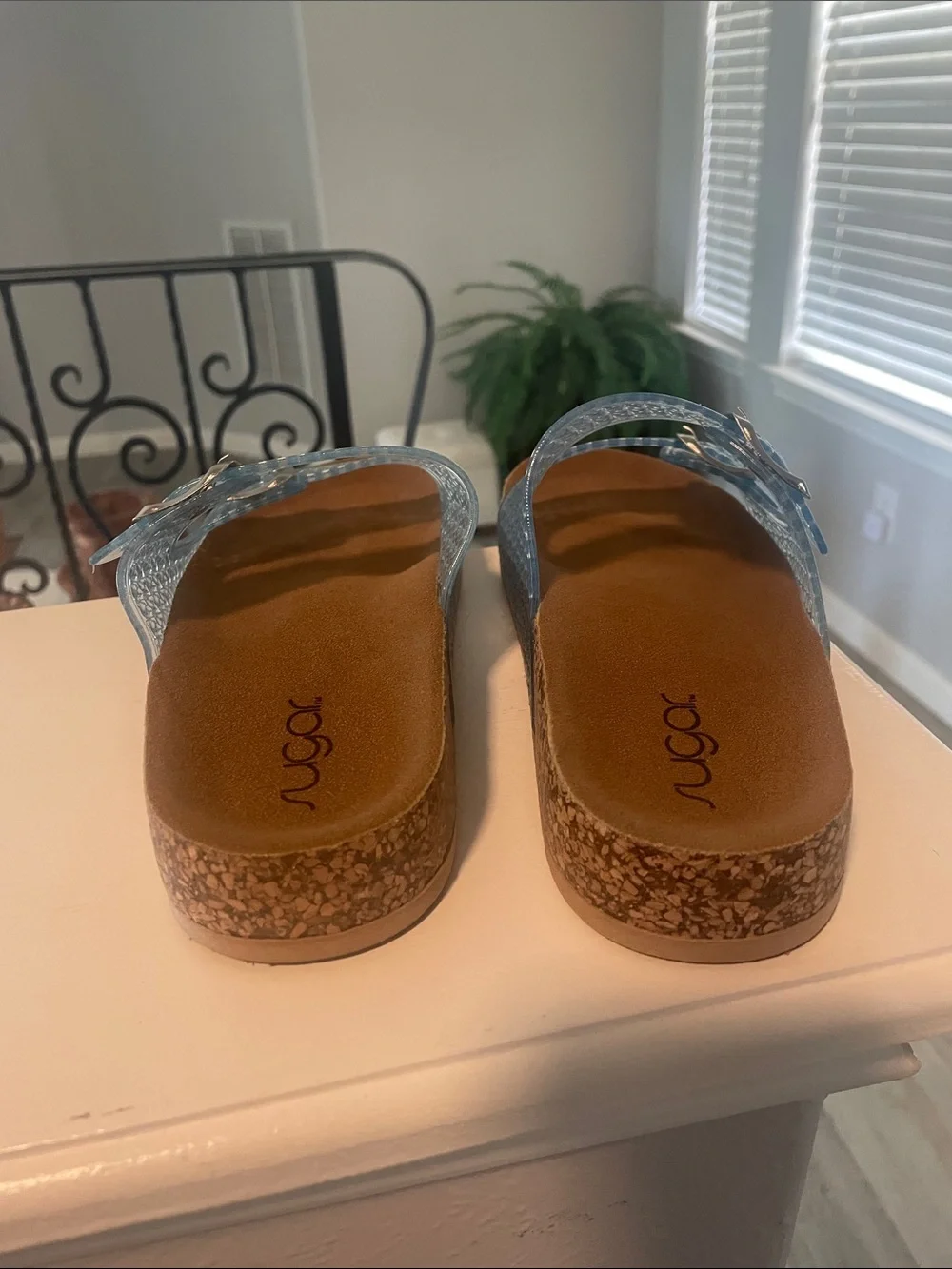 Sugar Light Blue Jelly Double-Buckle Slide Sandals with Brown Footbed